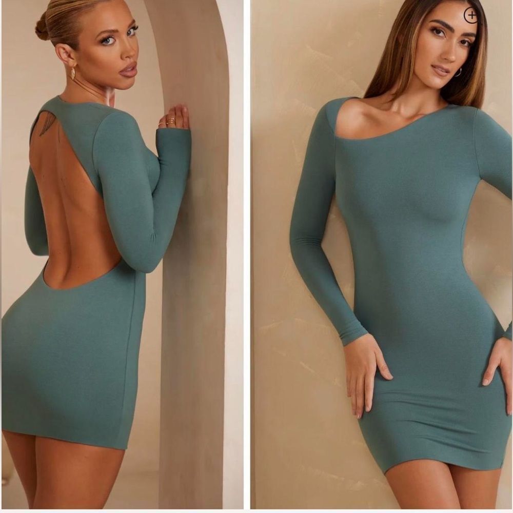 OH POLLY Sage Green Open Back Bodycon Mini Dress Long Sleeve Size US 6